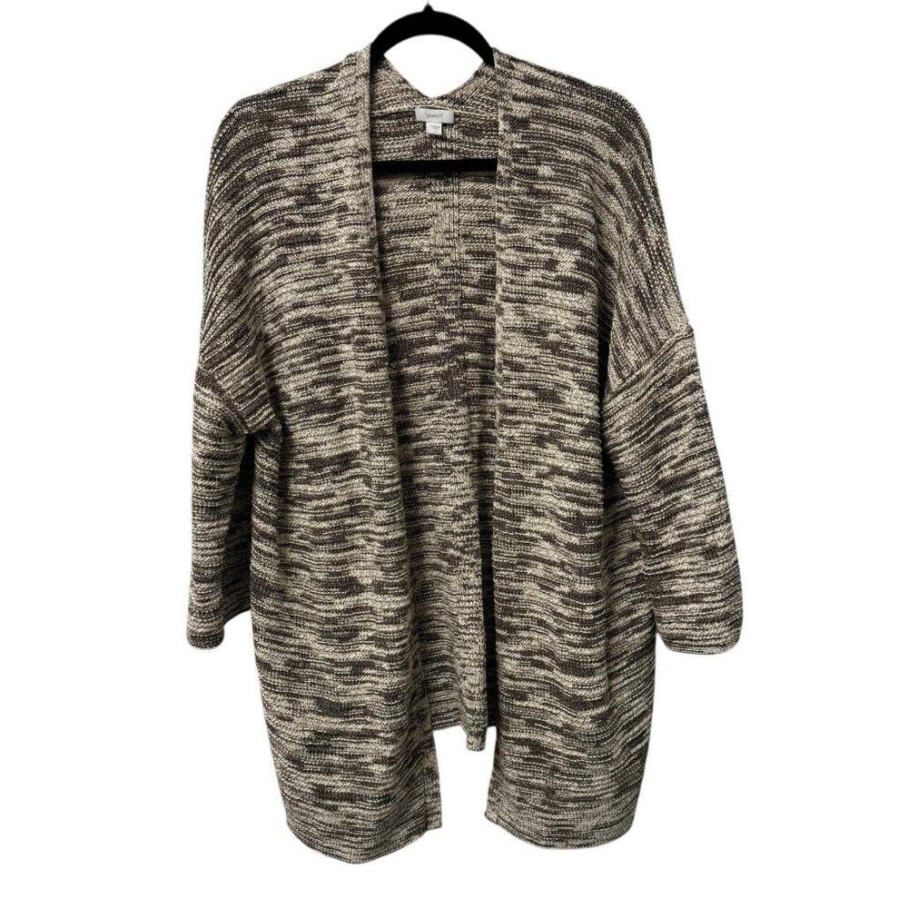 PURE JILL OPEN FRONT CARDIGAN KNIT MARLED SIZE L NEUTRAL SHALE CREAM CROP SLEEVE